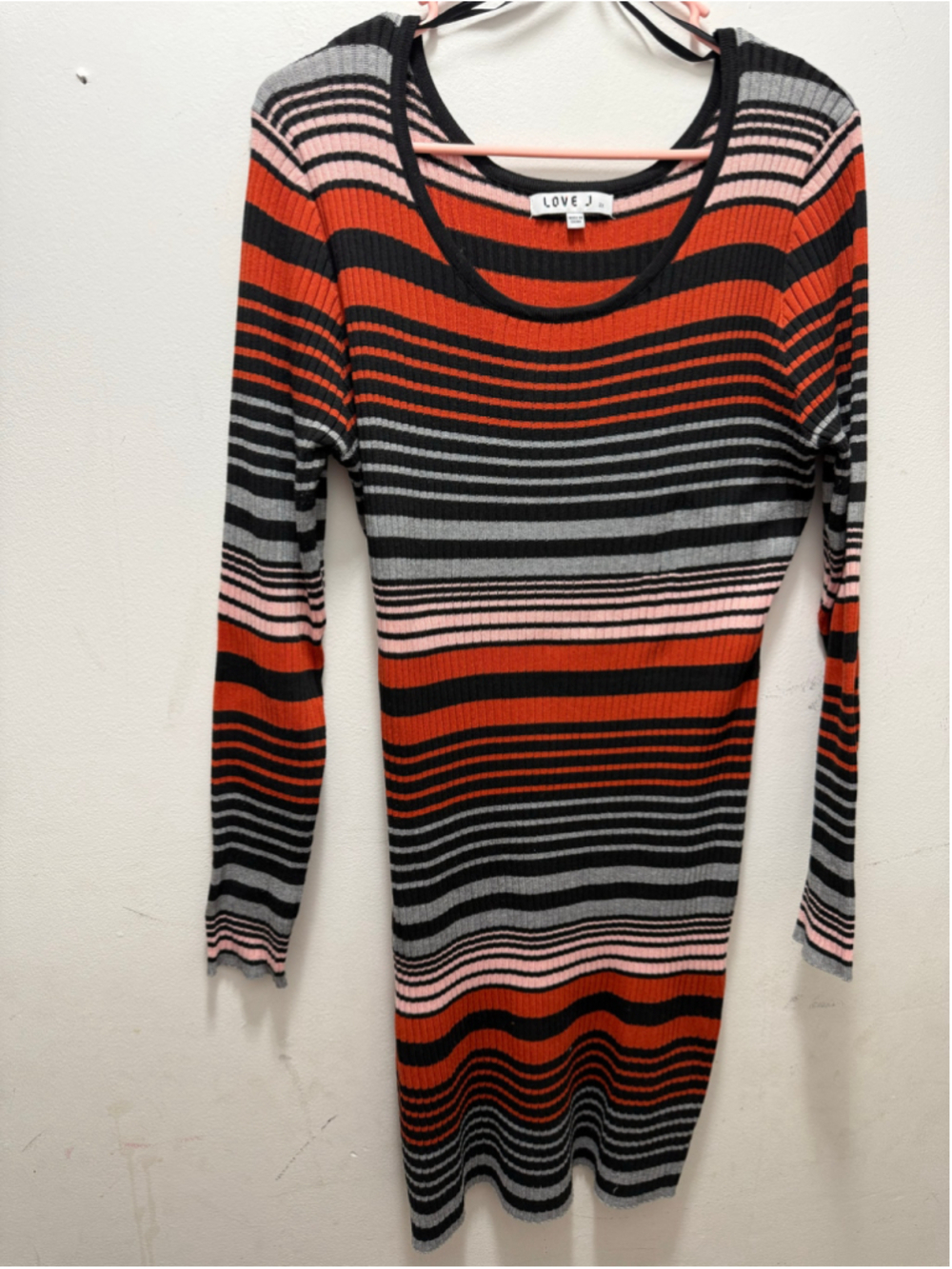 Women's LOVE J Long Sleeve Striped Dress 2X Black Orange